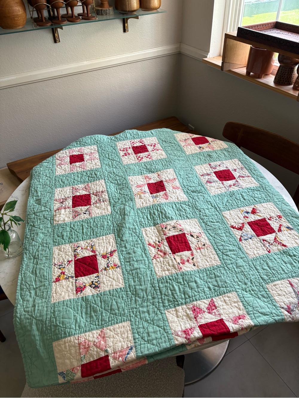 Vintage Handmade Patchwork Quilt in Aqua and Red